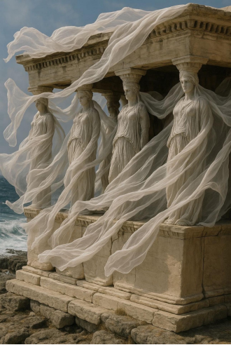 #Caryatide care curg în vânt# Stilul sculpturii este strâns asociat cu arta greacă antică
