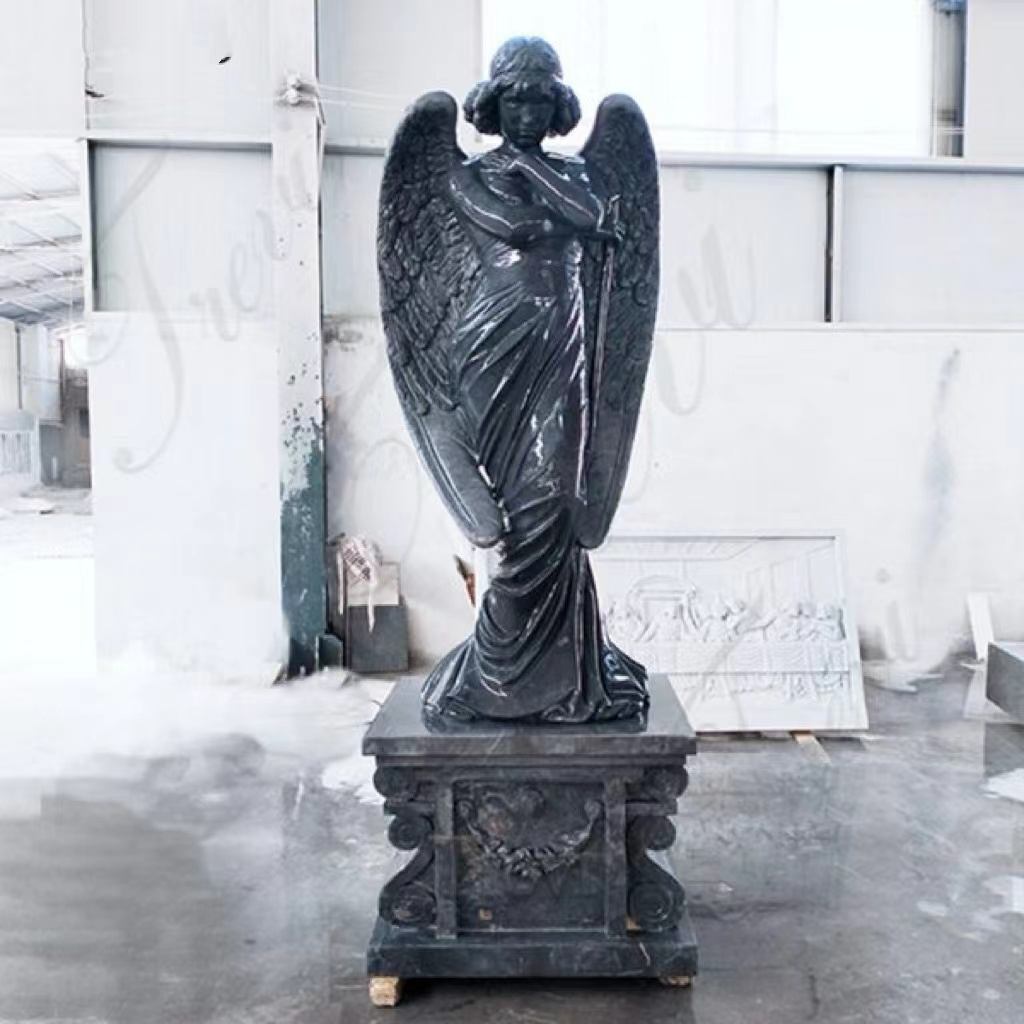 Statuia Îngerului European din Marmură Neagră - Decorare Memorială Sculptură Artistică în Piatră